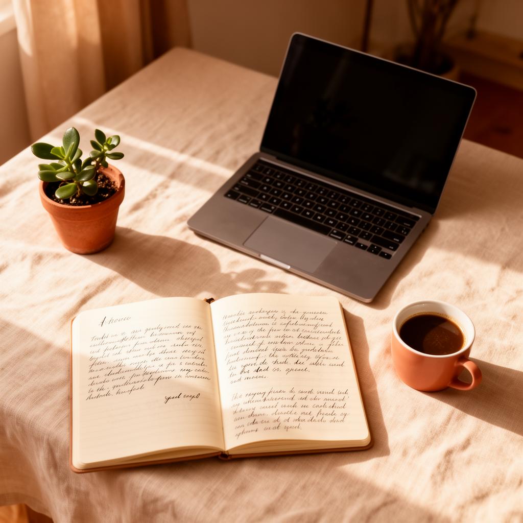 A calm sunlit coaching workspace with a laptop, notebook and coffee